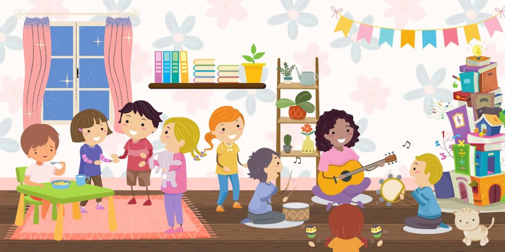 A cartoon image of a teacher playing guitar in a classroom full of children