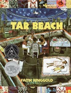 The cover of the picture book Tar Beach, which shows two Black children lying on a blanket and four adults around a table on a colorful city rooftop