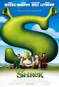 The movie poster for Shrek, which includes a large stylized screen S with ogre horns