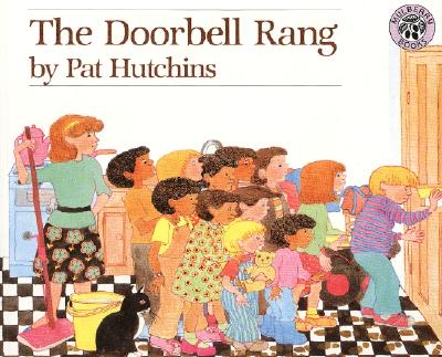 The cover of the book The Doorbell Rang, which includes a large group of children crowded together in the kitchen looking nervously out a doorway