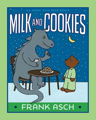 The cover of the book Milk and Cookies, which includes a small brown bear wearing green pajamas and a large gray dragon eating a pile of cookies