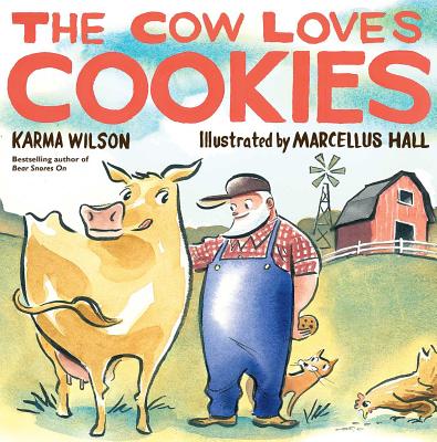 The cover of the picture book The Cow Loves Cookies, which includes a yellow cow and a farmer in overalls