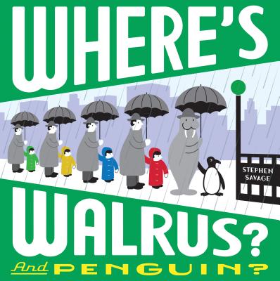 The cover of the picture book Wears Walrus and Penguin, which shows a walrus and a penguin standing in a line of people with umbrellas by the subway