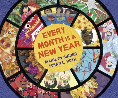 The cover of the picture book Every Month Is a New Year, which includes two interlocking wheels with colorful illustrations depicting many different celebrations