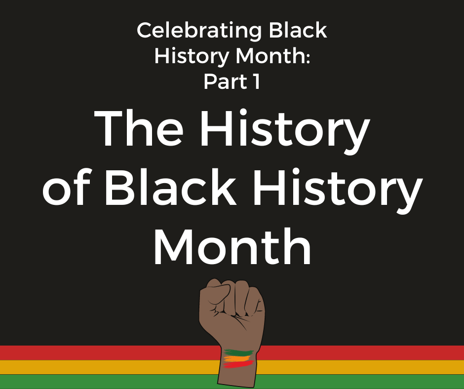 A graphic with the text "Celebrating Black History Month Part One: the History of Black History Month" with the image of a Black hand painted with green, yellow and red stripes