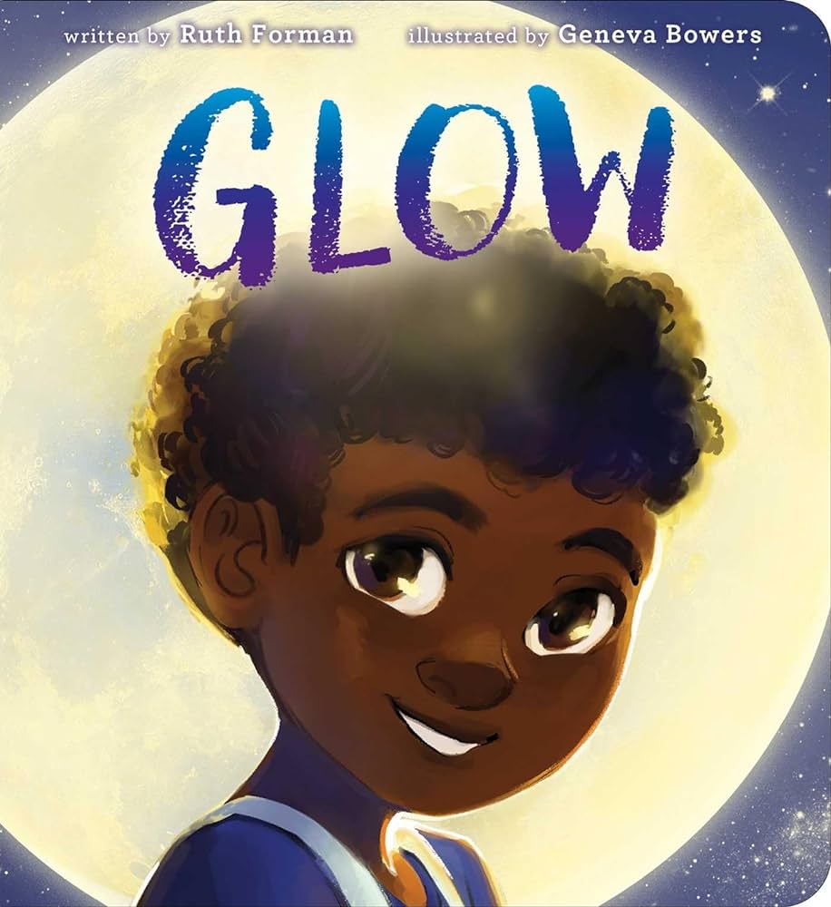 The cover of the book Glow, which includes an illustration of a young black boy in front of a brightly glowing moon