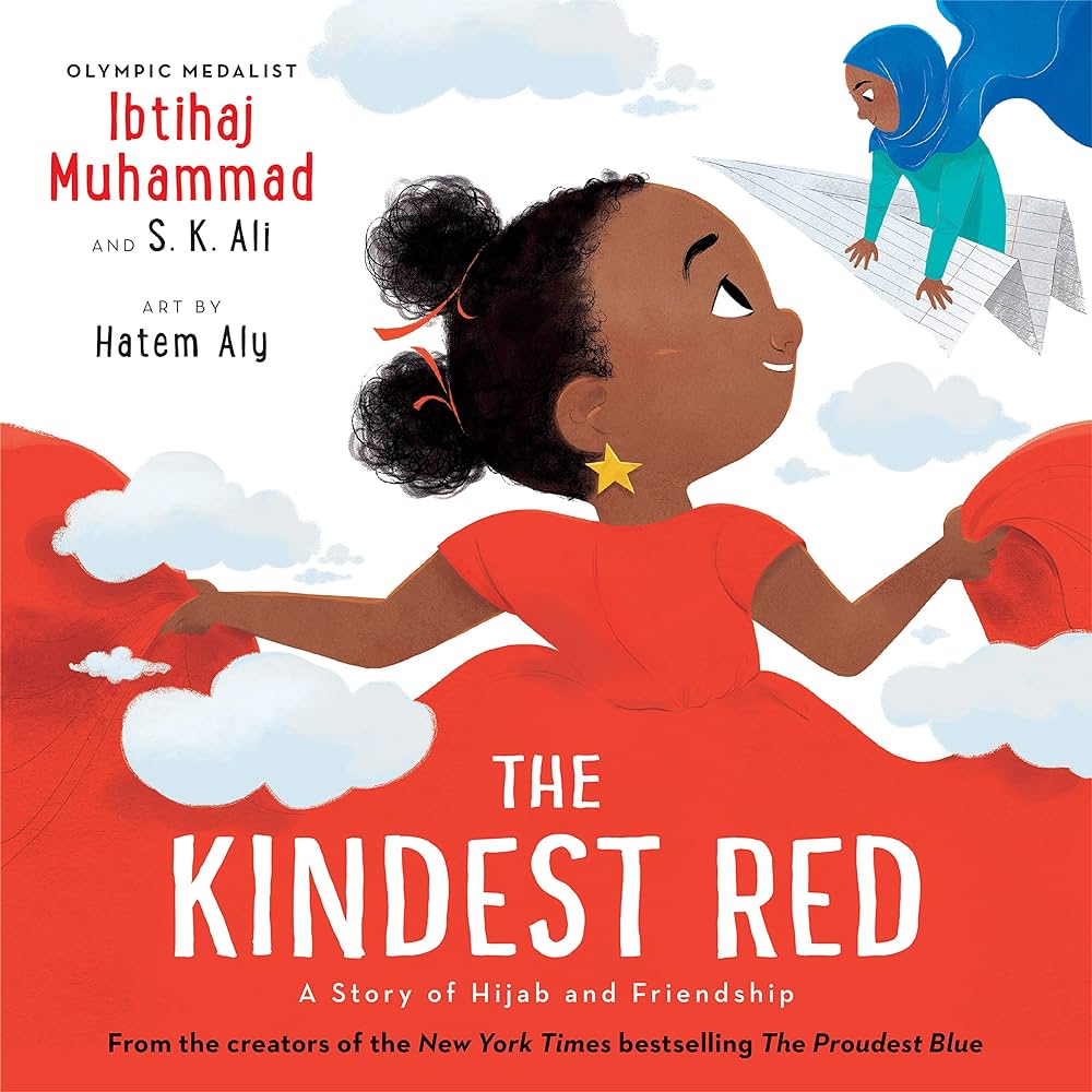 The cover of the picture book The Kindest Red, which includes an illustration of a young Black girl in a bright red dress imagining a girl in a blue hijab flying pastor on a paper airplane