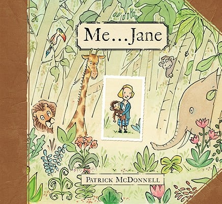 The cover of the picture book Me ... Jane which includes a cartoon of a young blonde girl holding a stuffed chimpanzee and surrounded by jungle animals