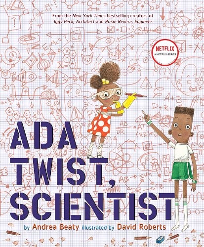 The cover of the picture book "Ada Twist, Scientist," which includes an image of a young Black girl with goggles and a clipboard in front of a wall full of scientific notation