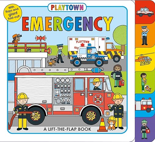 The cover of the picture book "Playtown: Emergency," which includes many bright Lee colored emergency vehicles and emergency workers